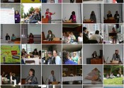 a mosaic of the 2009 FRG conference. There are people presenting at lecterns, sitting on the grass, chatting, singing and playing guitar