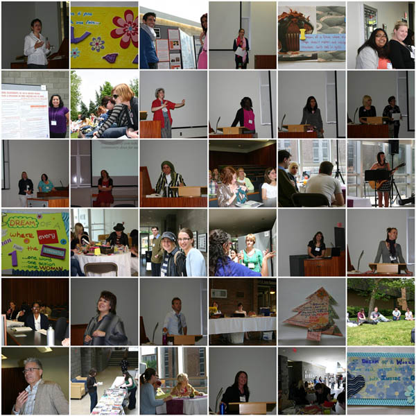 a mosaic of the 2009 FRG conference. There are people presenting at lecterns, sitting on the grass, chatting, singing and playing guitar